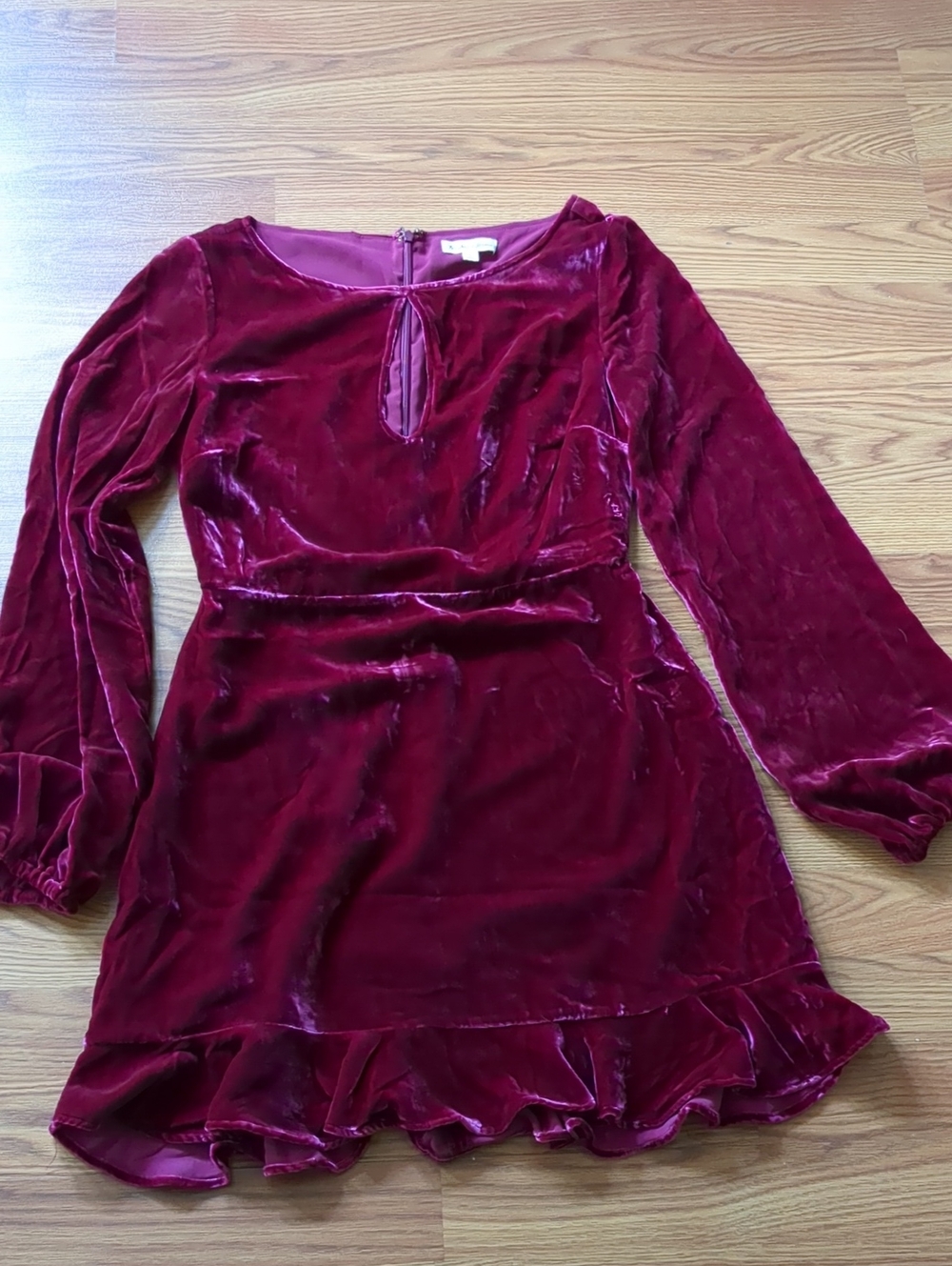 For Love & Lemons Raspberry Velvet Long Sleeve Keyhole Ruffle Mini Dress - Picture 1 of 7